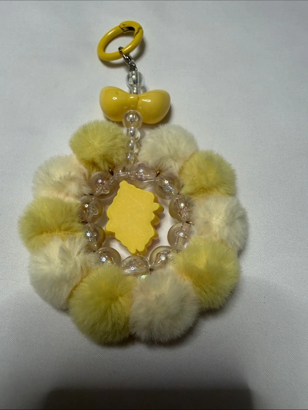 Yellow Plush Pom-Pom Keychain with Cute Character Charm